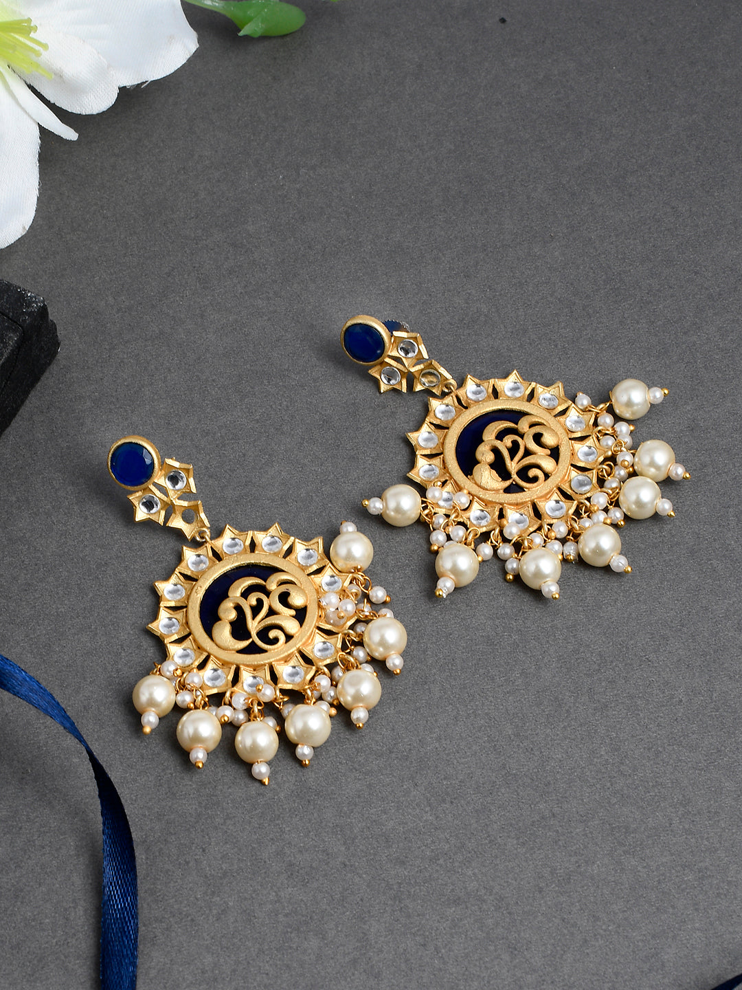 Traditional Blue Gold Filigree Kundan & Pearl Drop Earrings