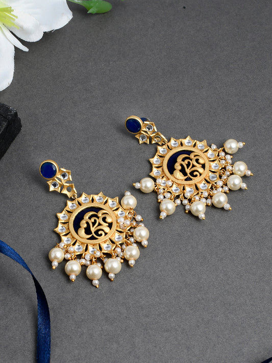Traditional Blue Gold Filigree Kundan & Pearl Drop Earrings
