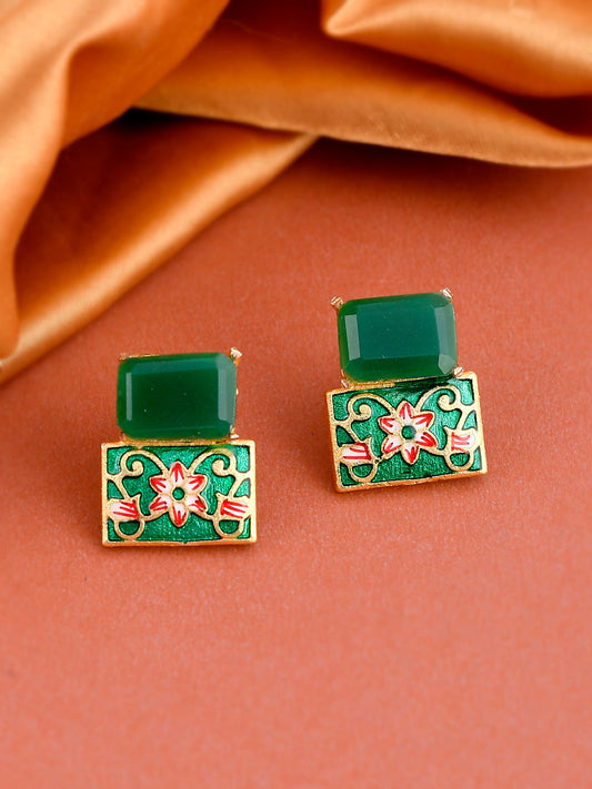 Gold Plated & Green Stone Studded Square Shape Meenakari Stud Earrings