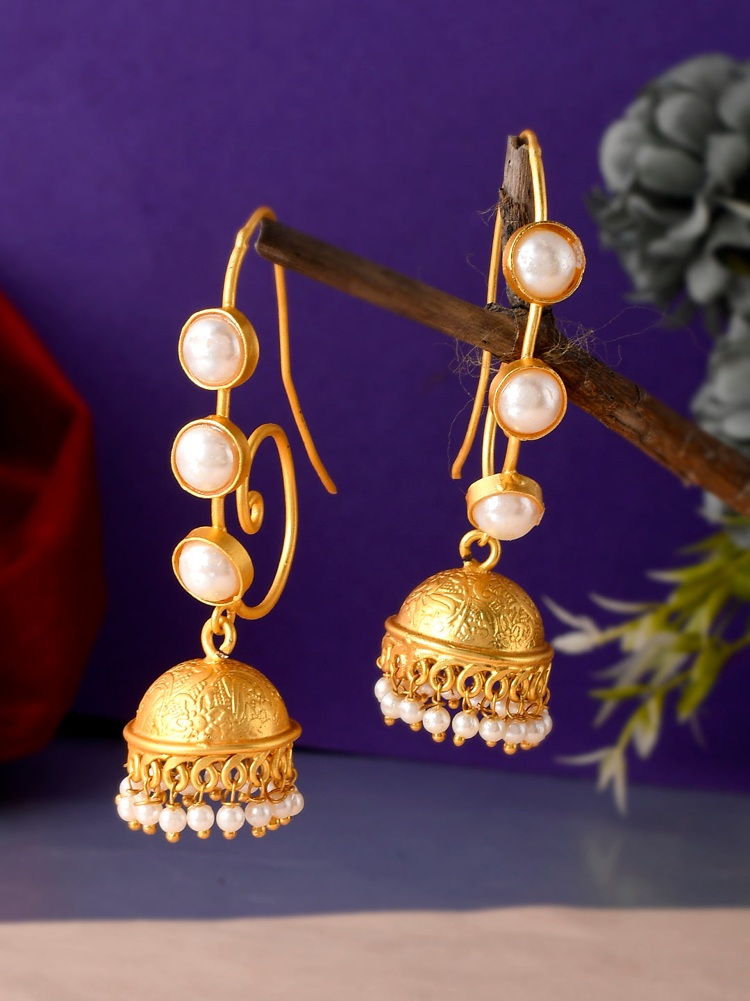 Gold Toned Pearl Beaded Long Dangle Jhumka Earrings