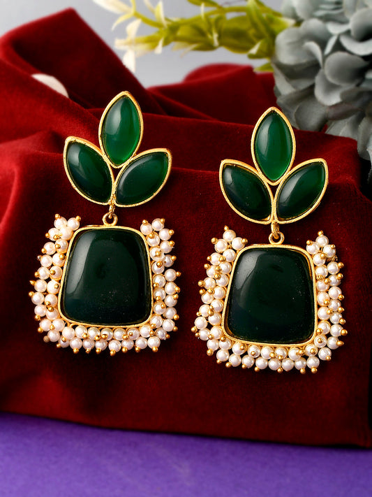 Gold Plated Green Beaded Leaf Design Floral Earrings