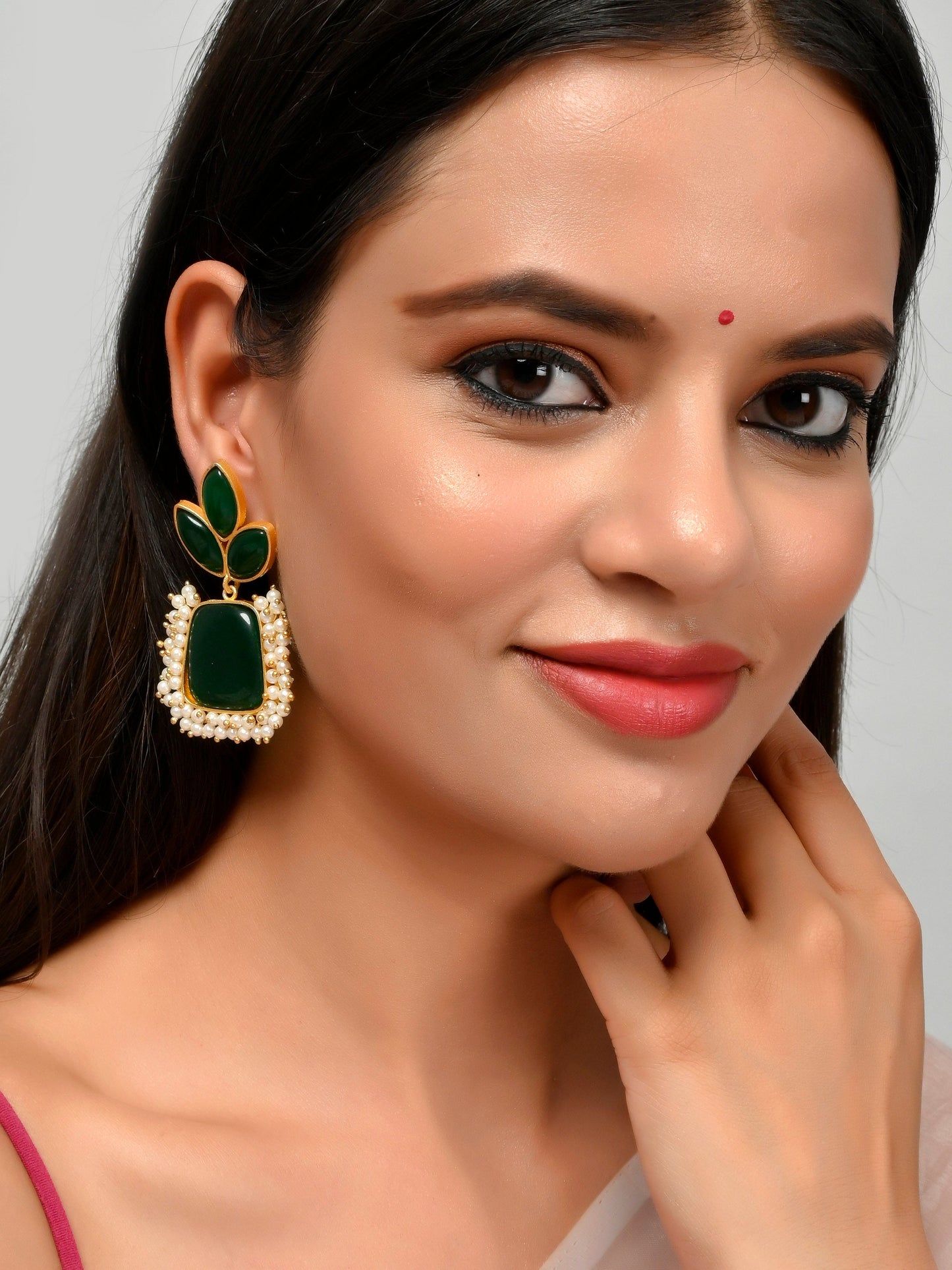 Gold Plated Green Beaded Leaf Design Floral Earrings