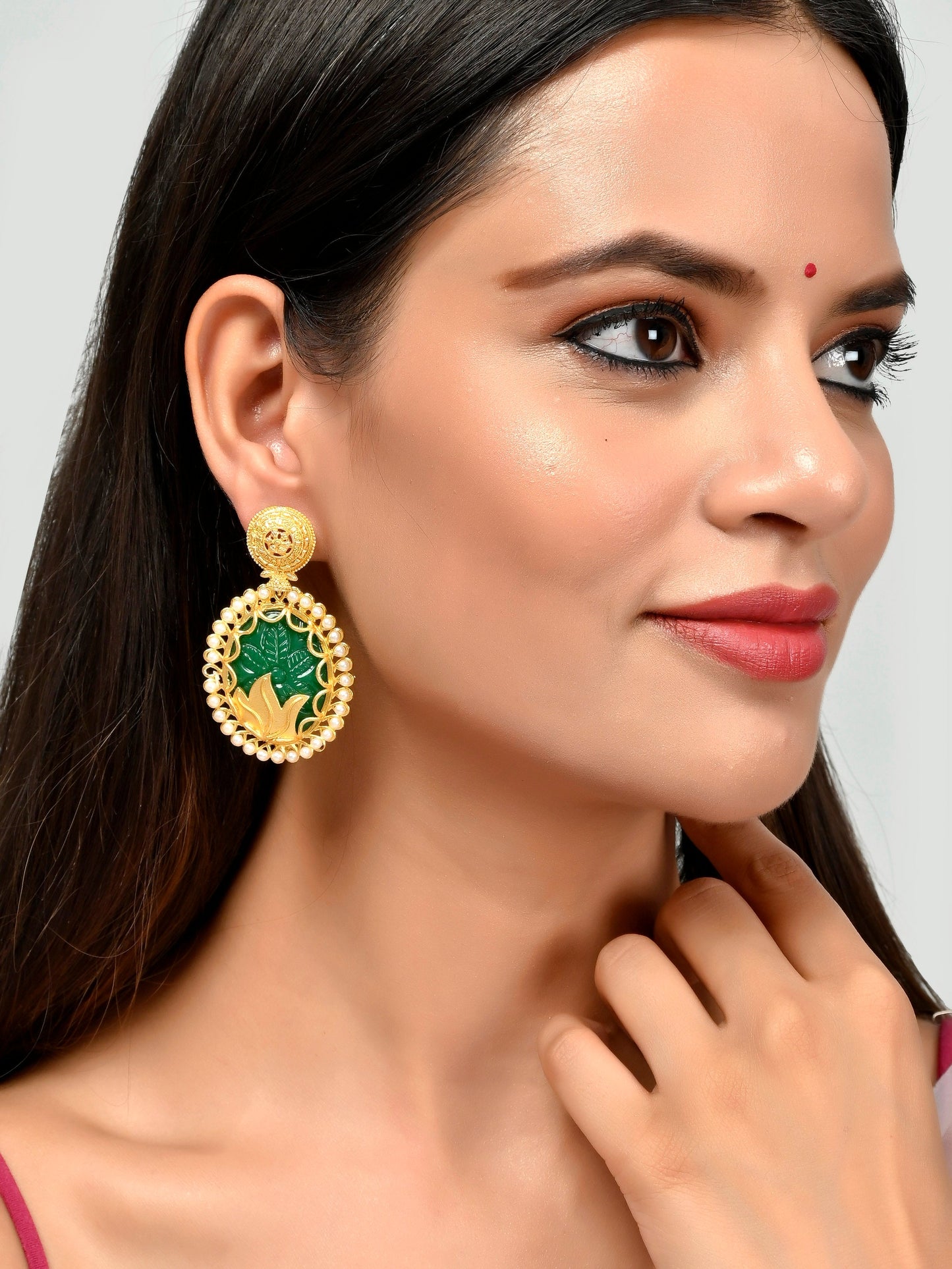 Gold Plated Green Stone Studded Drop Earrings