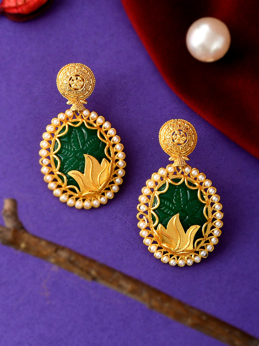 Gold Plated Green Stone Studded Drop Earrings