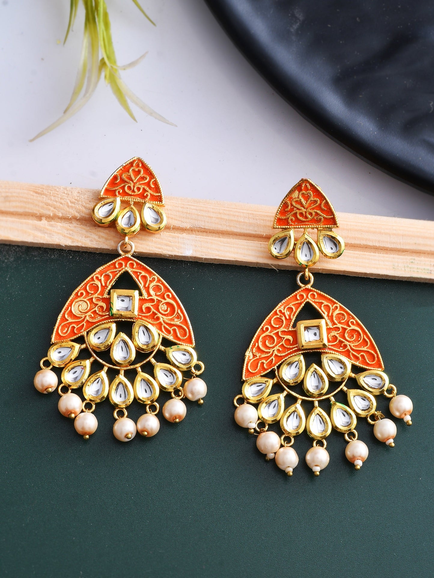 Enamelled Kundan chandbali Earrings