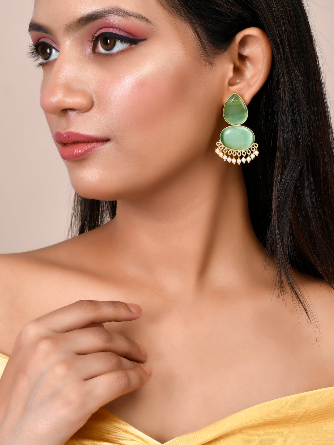 Green stone Kundan earrings for western outfit