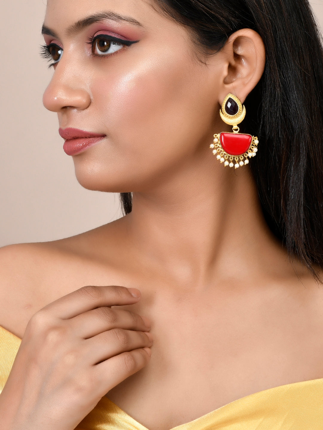Red Stone Traditional Chandbali Earrings For Women