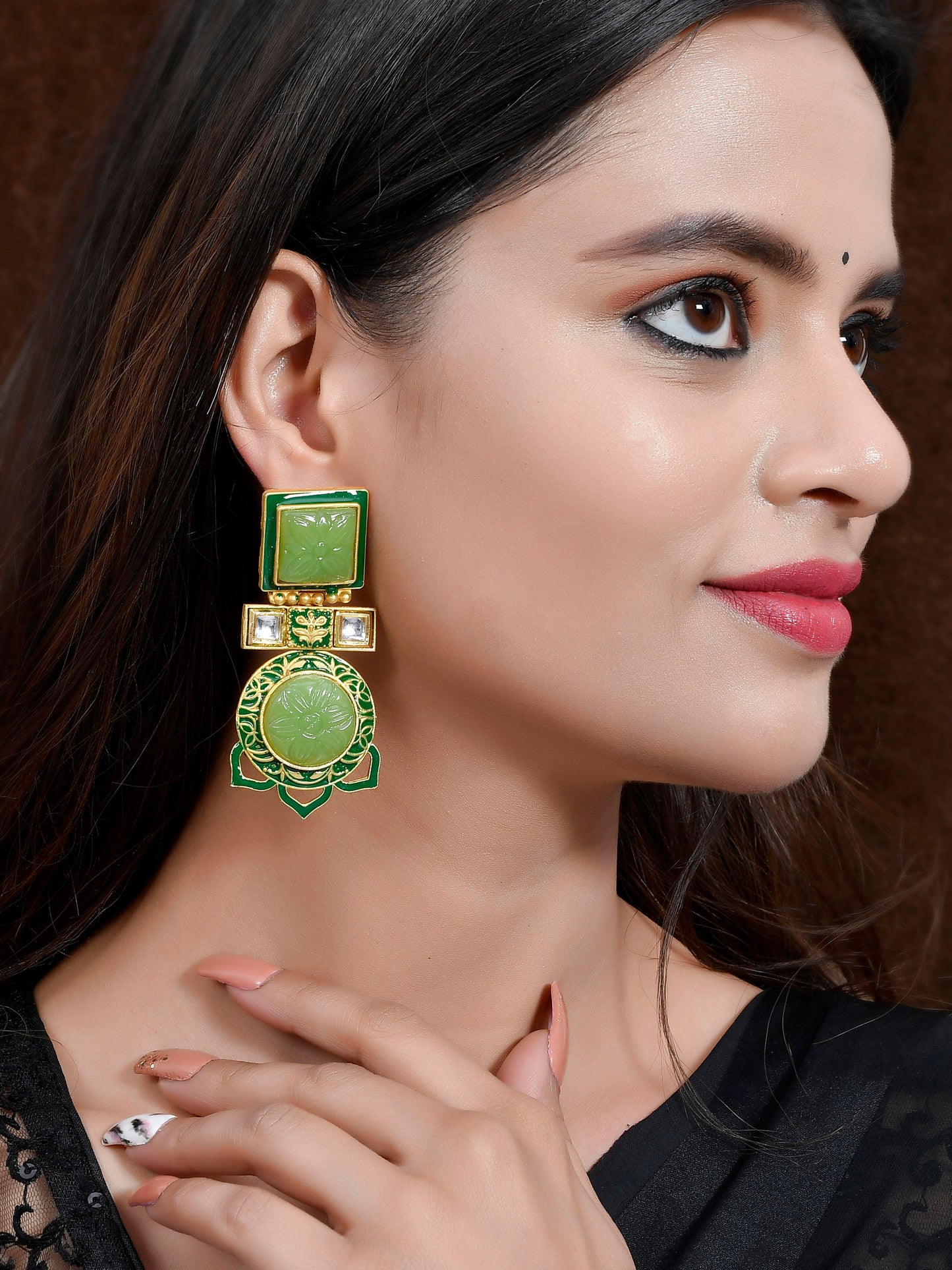 Gold Plated & Green Stone Square Shape Drop Earrings for western outfit