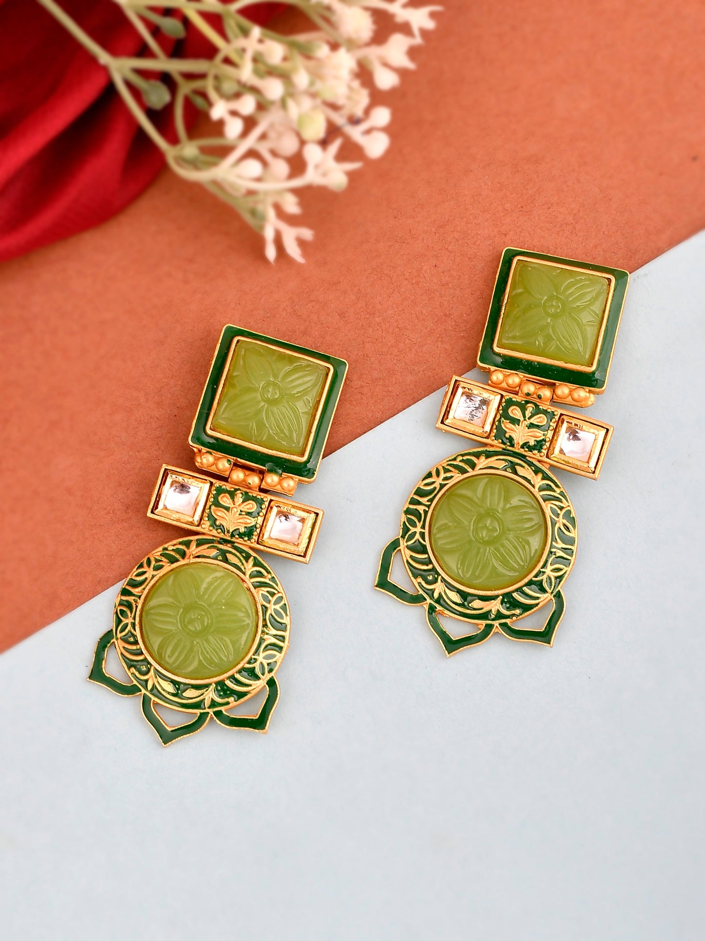 Gold Plated & Green Stone Square Shape Drop Earrings for western outfit
