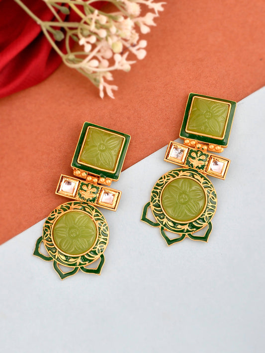 Gold Plated & Green Stone Square Shape Drop Earrings for western outfit