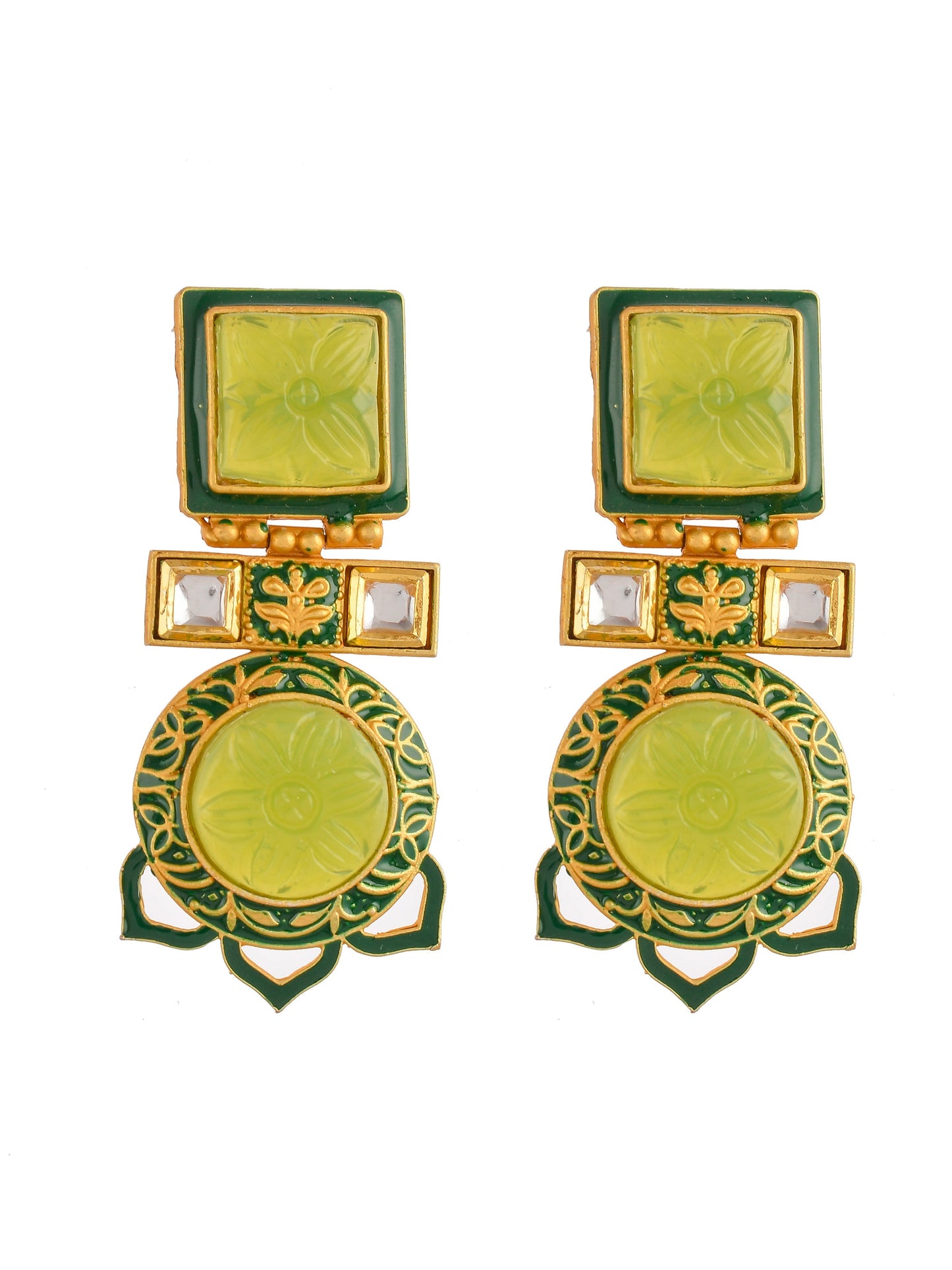 Gold Plated & Green Stone Square Shape Drop Earrings for western outfit
