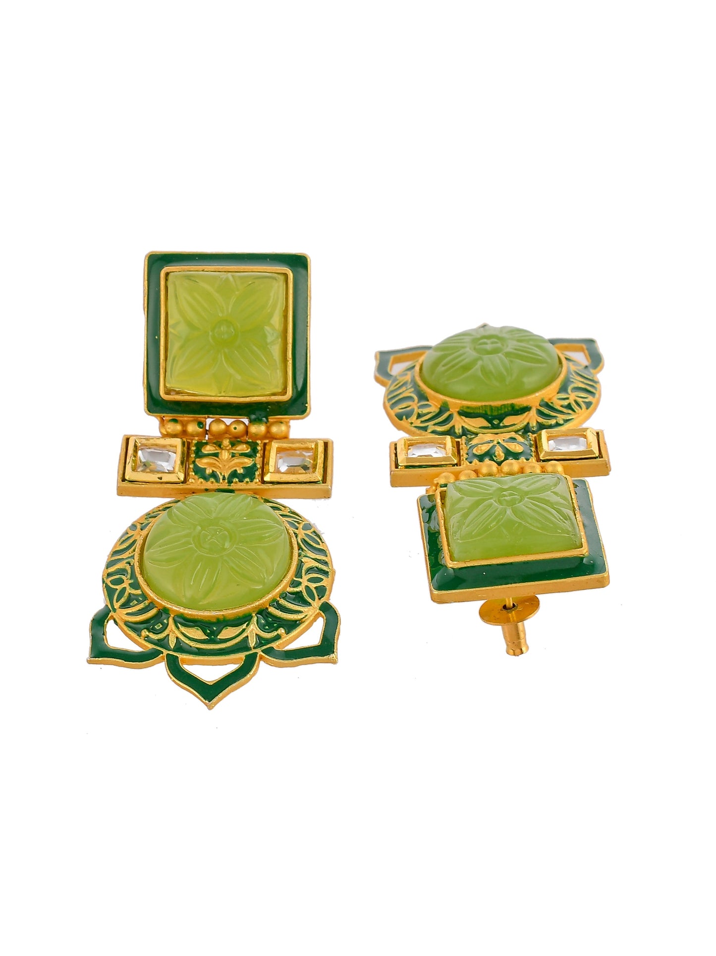 Gold Plated & Green Stone Square Shape Drop Earrings for western outfit