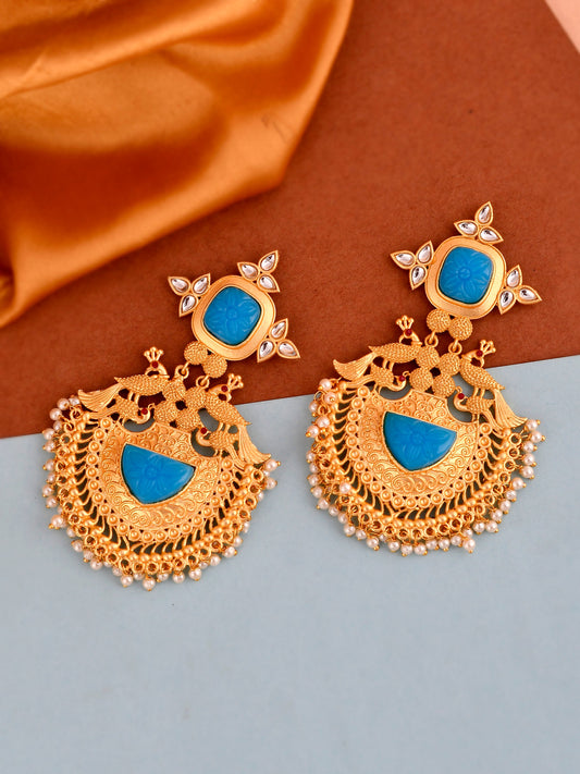 Gold Plated & Blue Stone Studded Handcrafted Drop Earrings