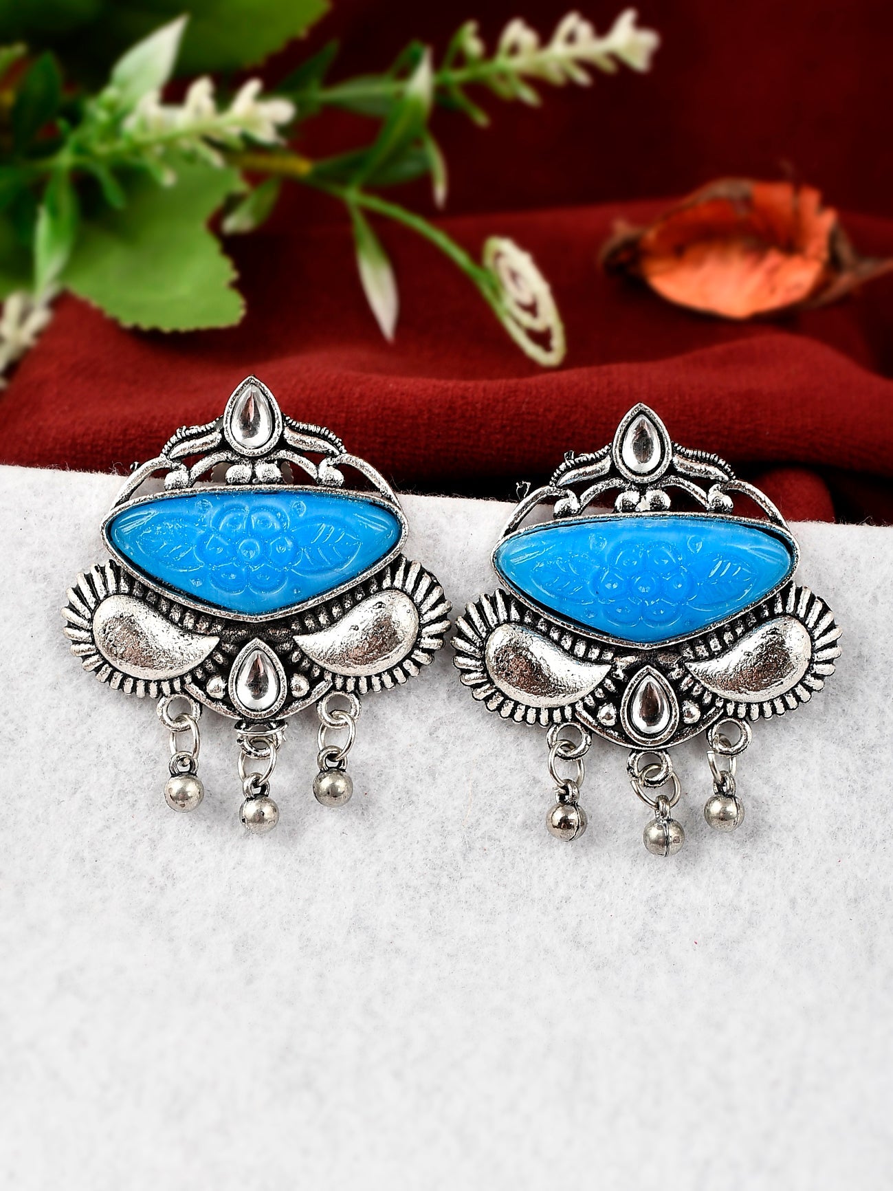 Silver Plated Blue Stone Studded Oxidised Stud Earrings