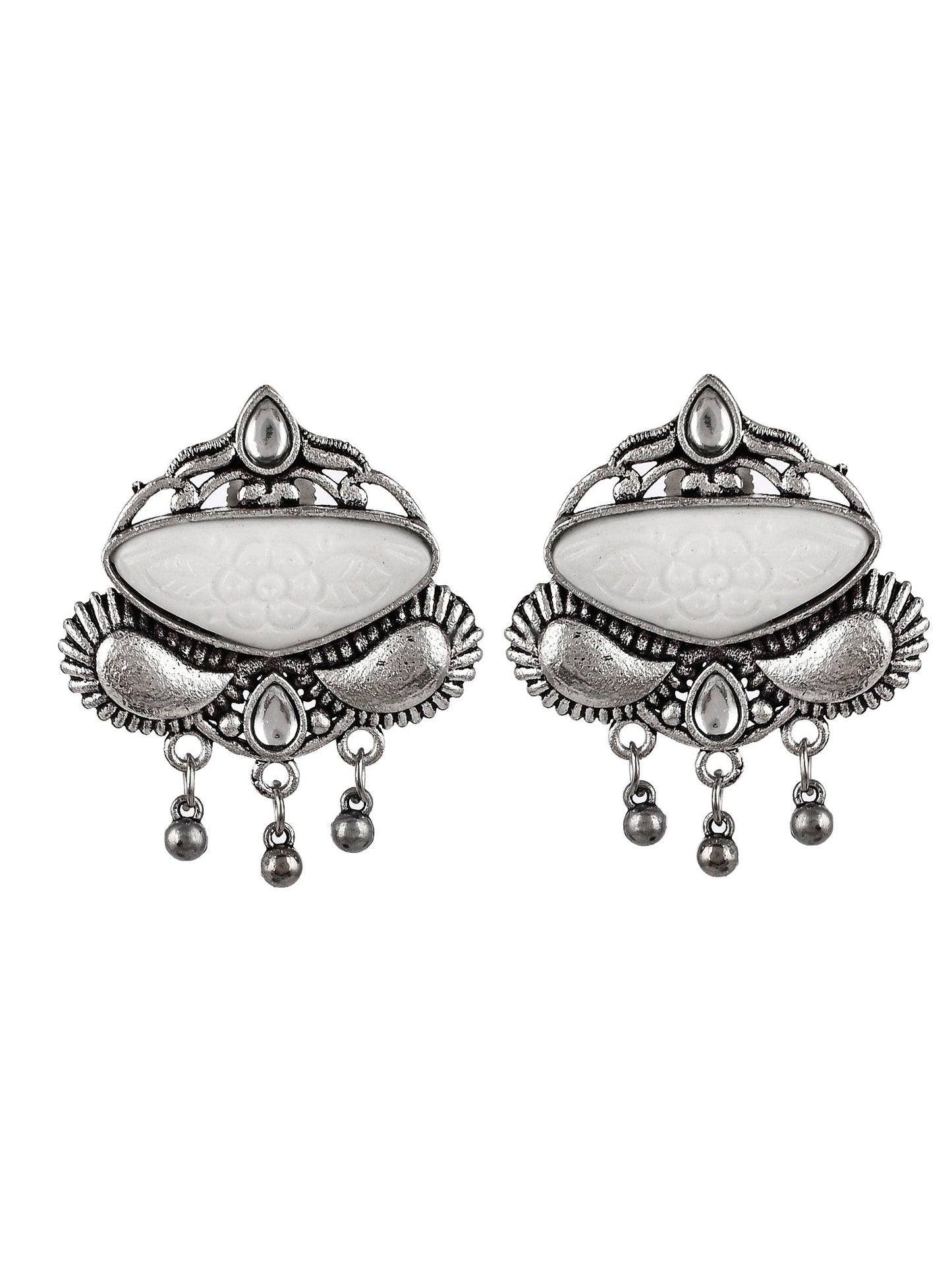 Silver Plated White Stone Studded Floral Oxidised Stud Earrings