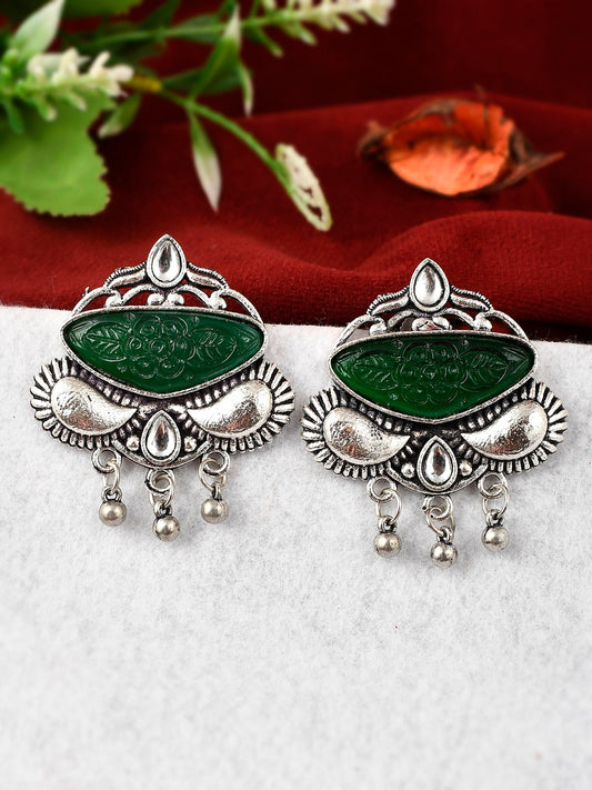 Silver Plated Green Stone Studded Floral Oxidised Stud Earrings