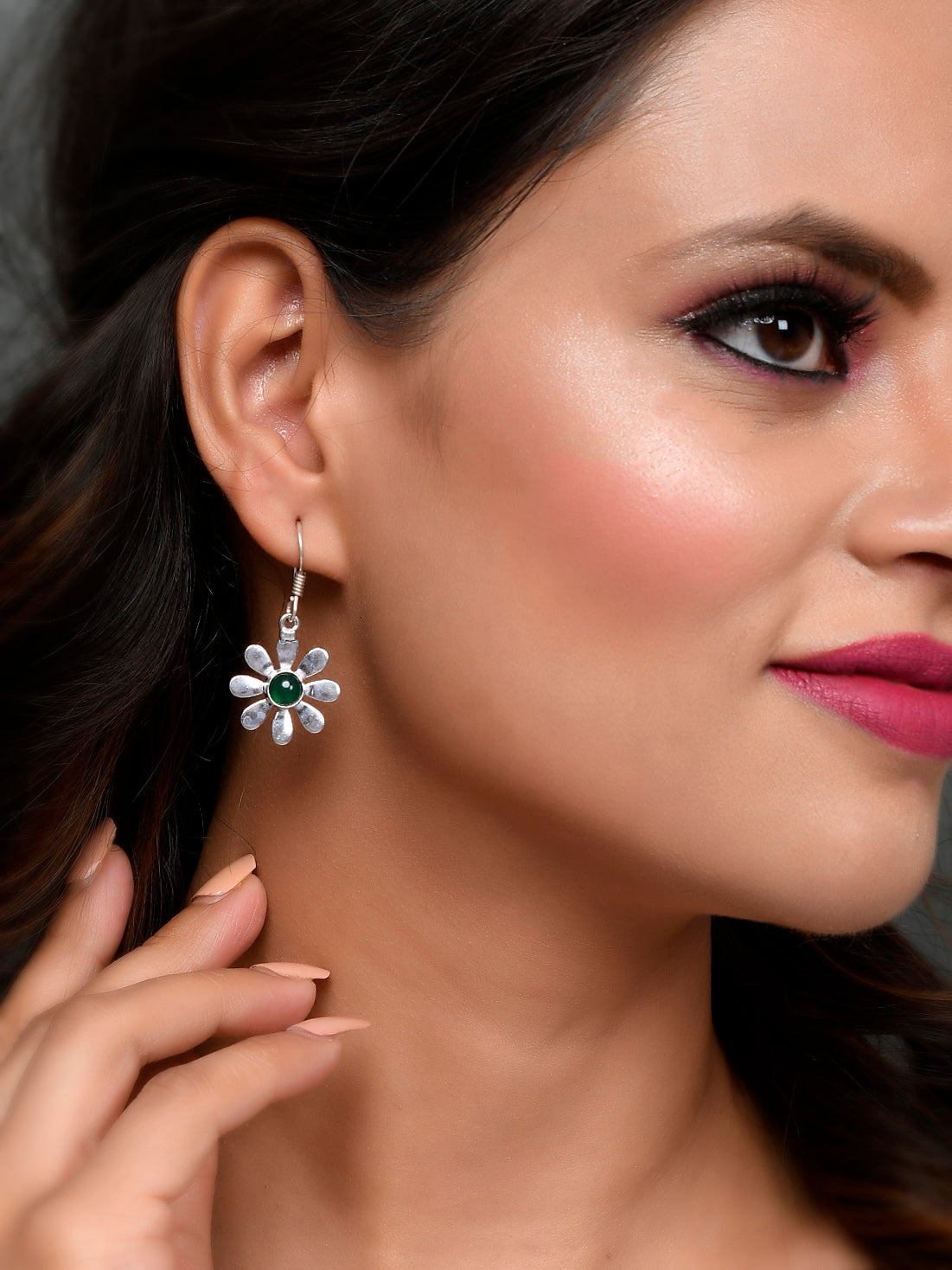 Silver Plated Green Beaded Floral Drop earrings