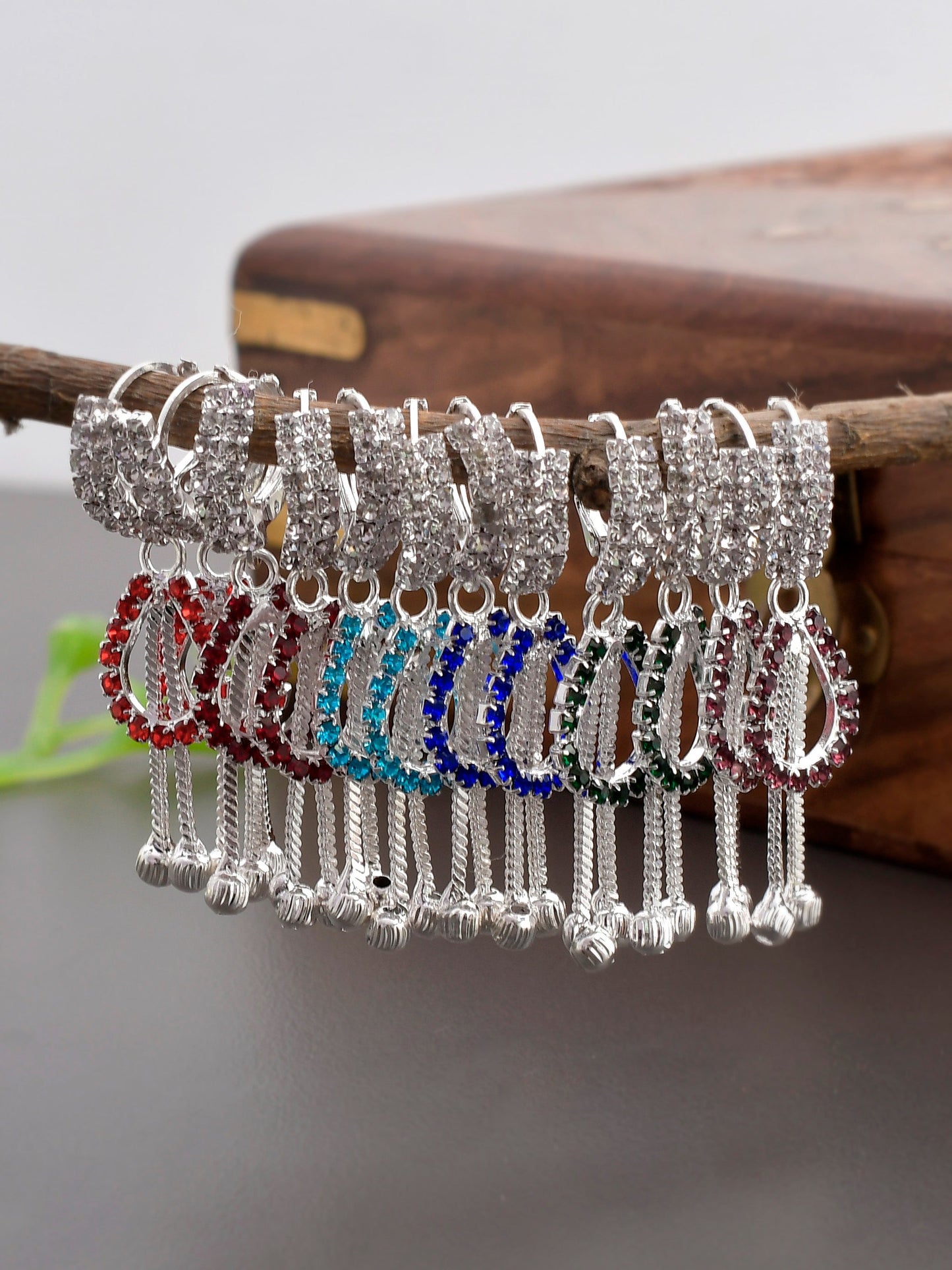 Silver Toned Multi Colored Beaded Tasseled hoop earrings