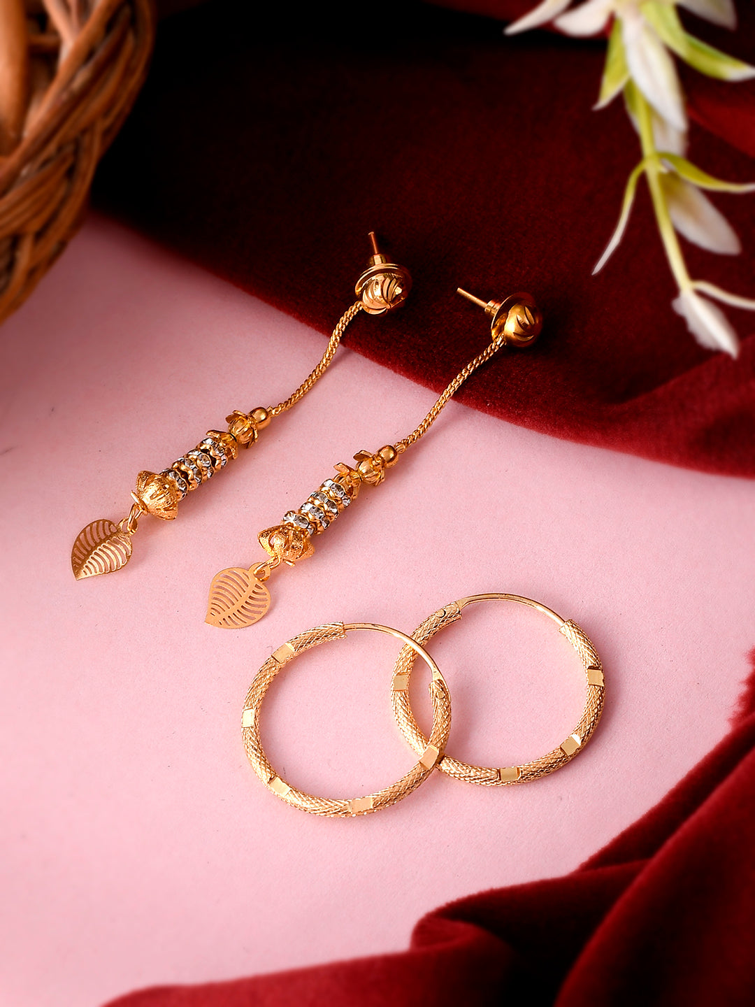 Set of 2 Gold Plated Contemporary Hoop and Dangler sui dhaga earrings