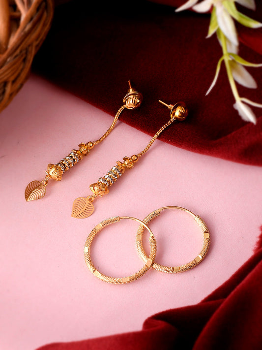 Set of 2 Gold Plated Contemporary Hoop and Dangler sui dhaga earrings