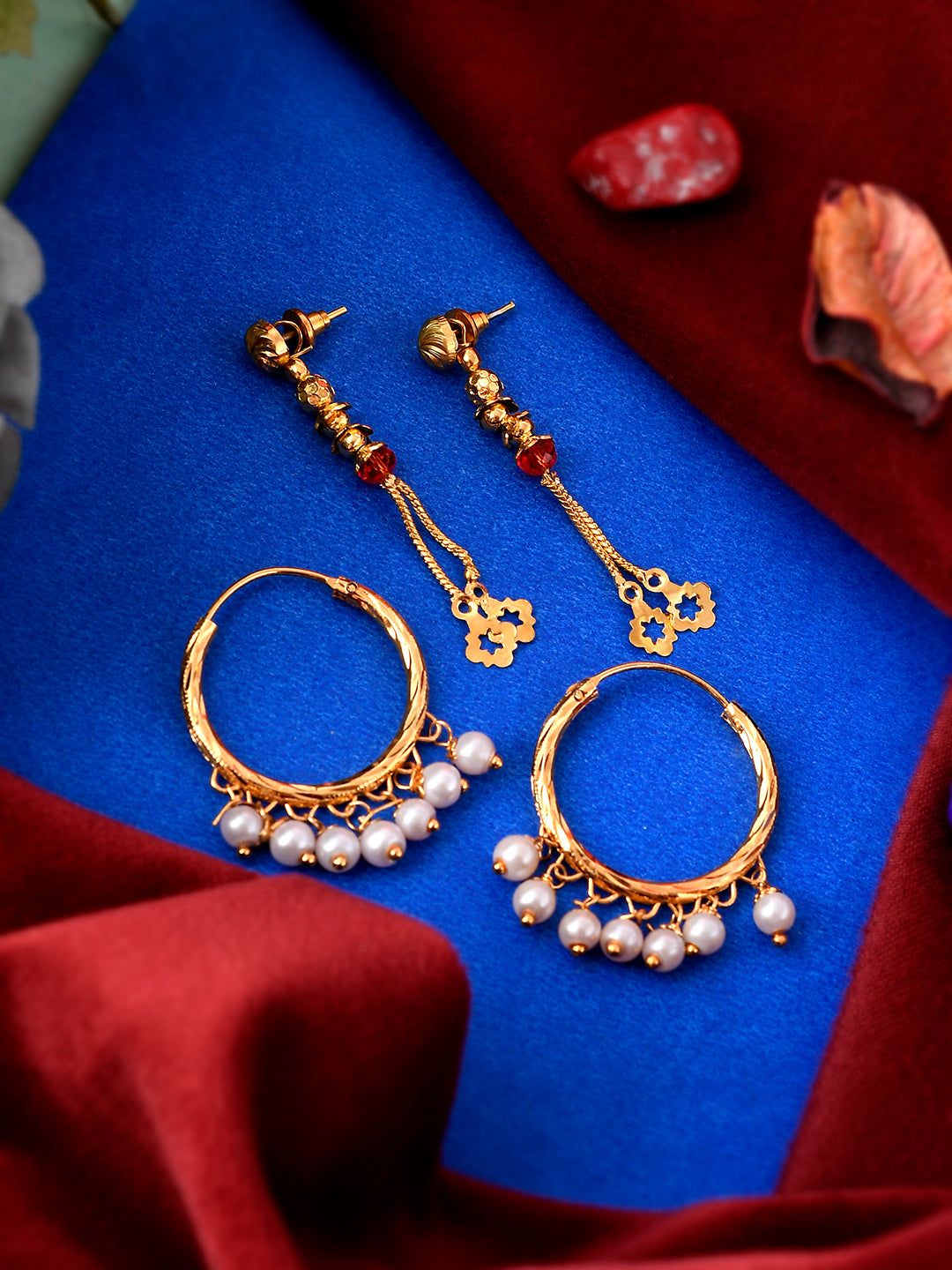 Set of 2 Gold Plated Contemporary Hoop and Dangle Earrings