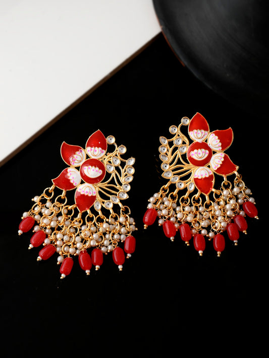 Gold Plated Red Toned Handcrafted Kundan Floral Drop Earrings