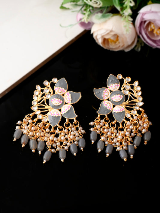 Gold Plated Grey Handcrafted Kundan Studded Floral Drop Earrings