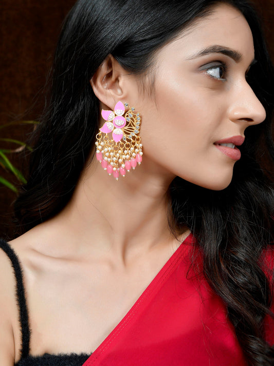 Gold Plated Pink Toned Handcrafted Kundan Studded Floral Drop Earrings