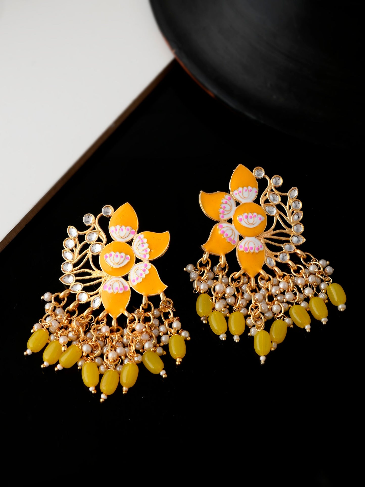 Gold Plated Yellow Toned Handcrafted Kundan Studded Floral Drop Earrings