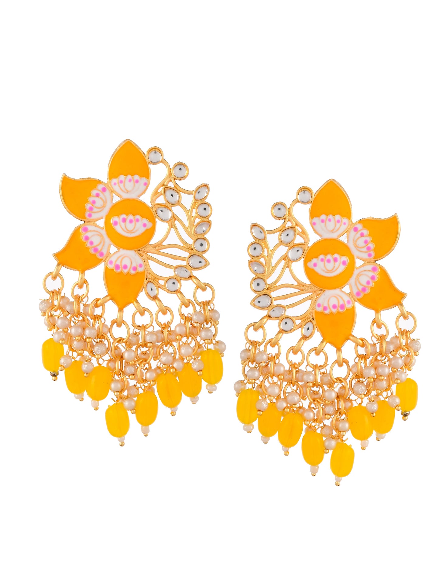 Gold Plated Yellow Toned Handcrafted Kundan Studded Floral Drop Earrings