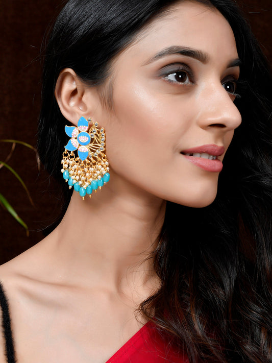 Gold Plated Blue Toned Handcrafted Kundan Studded Floral Drop Earrings