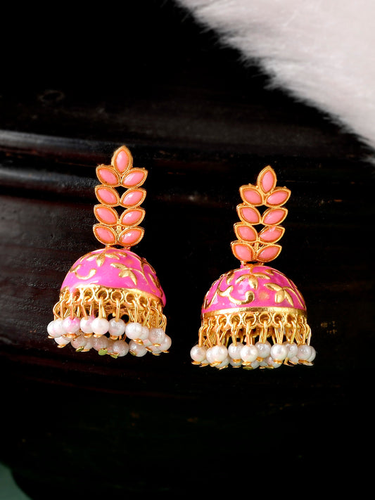 Women Gold Plated Pink Floral Meenakari Jhumkas
