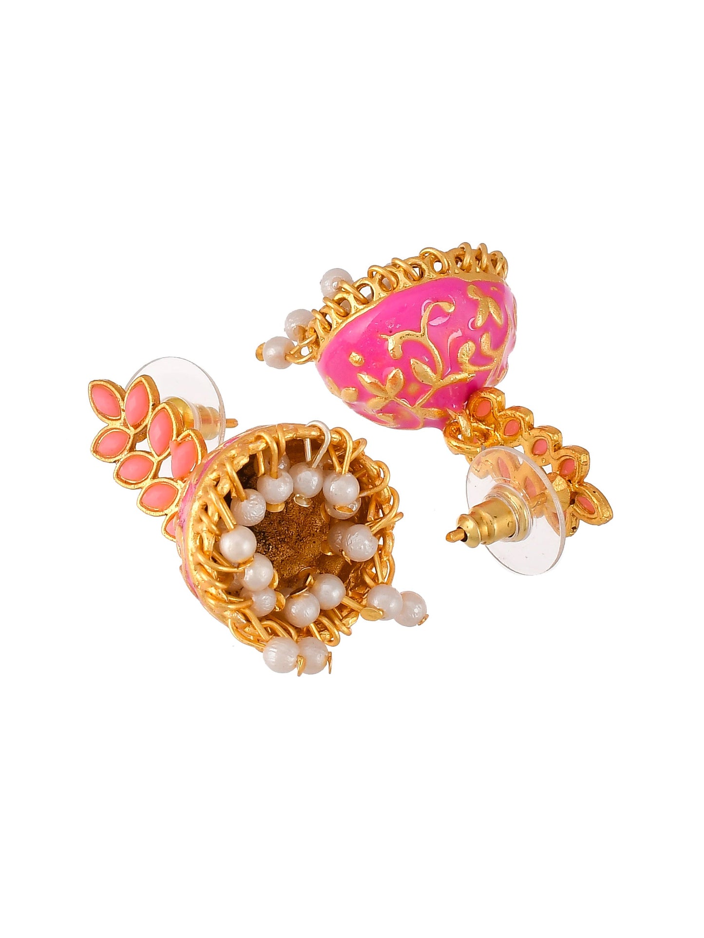 Women Gold Plated Pink Floral Meenakari Jhumkas