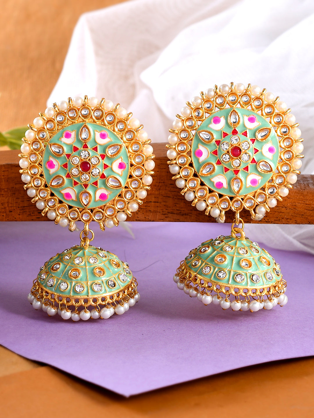 Gold Plated Green Meenakai Jhumkas Earrings