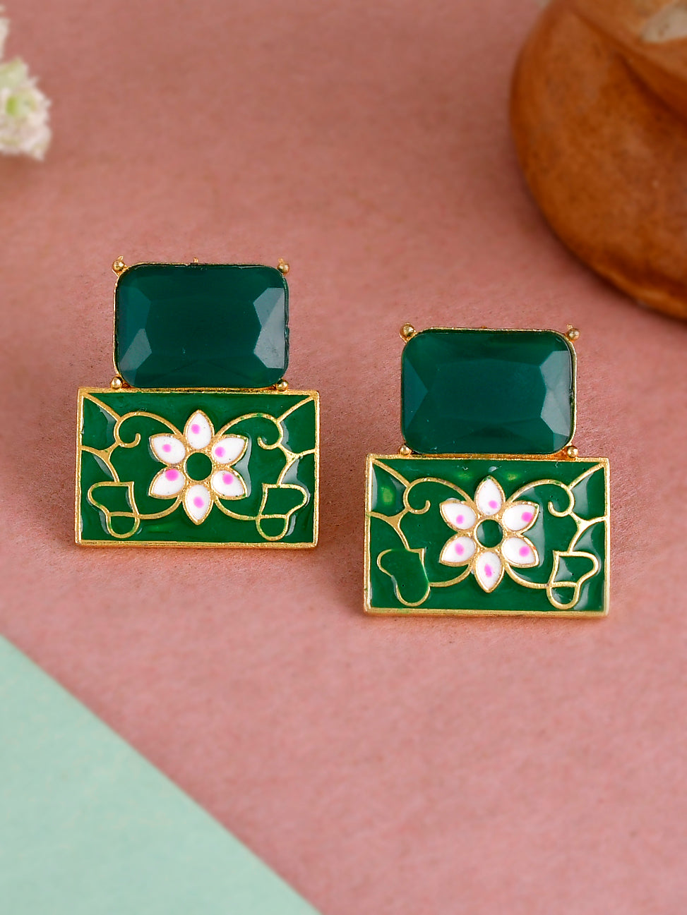 Green Meenakari Chalcedony stud Earrings