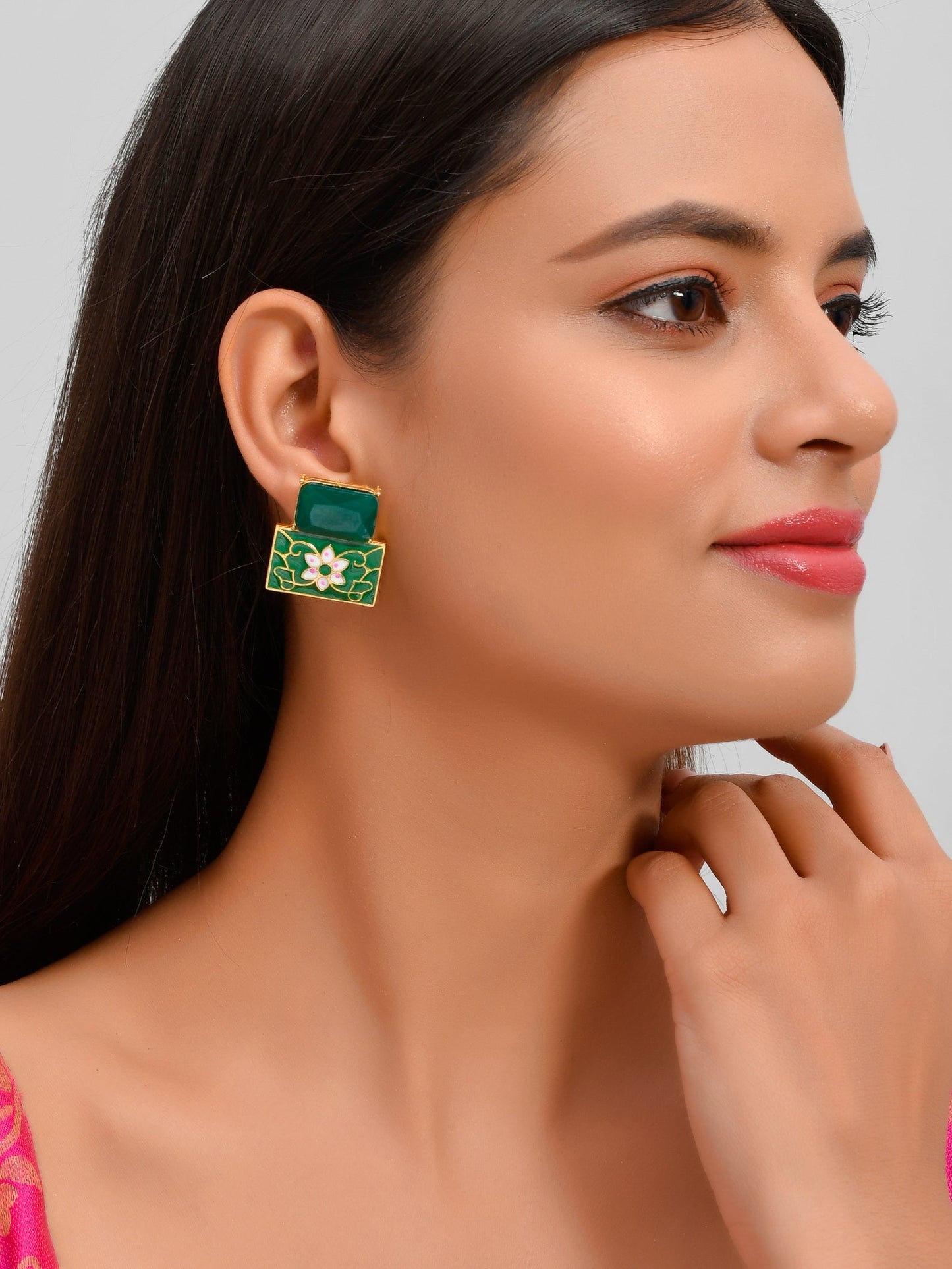 Green Meenakari Chalcedony stud Earrings
