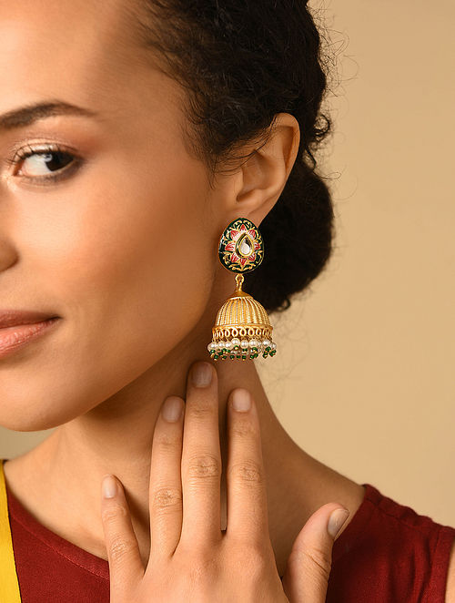 Gold Plated Enamelled Jhumka Earrings