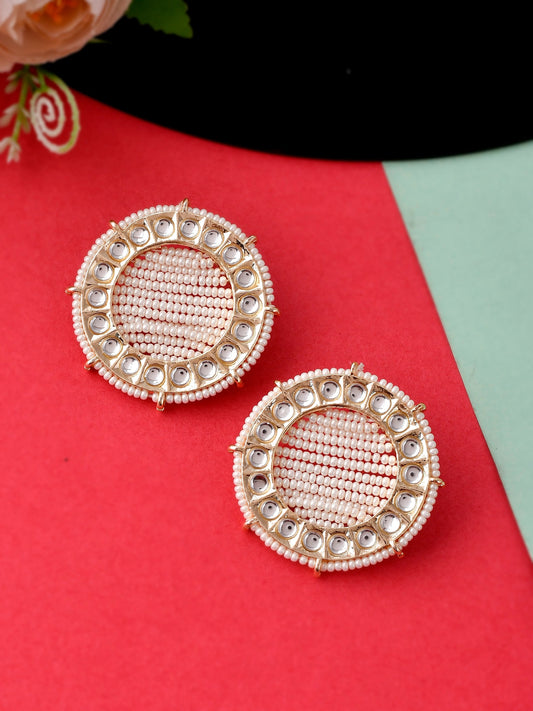 Gold Plated White & Pearl Beaded Handcrafted Stud Earrings