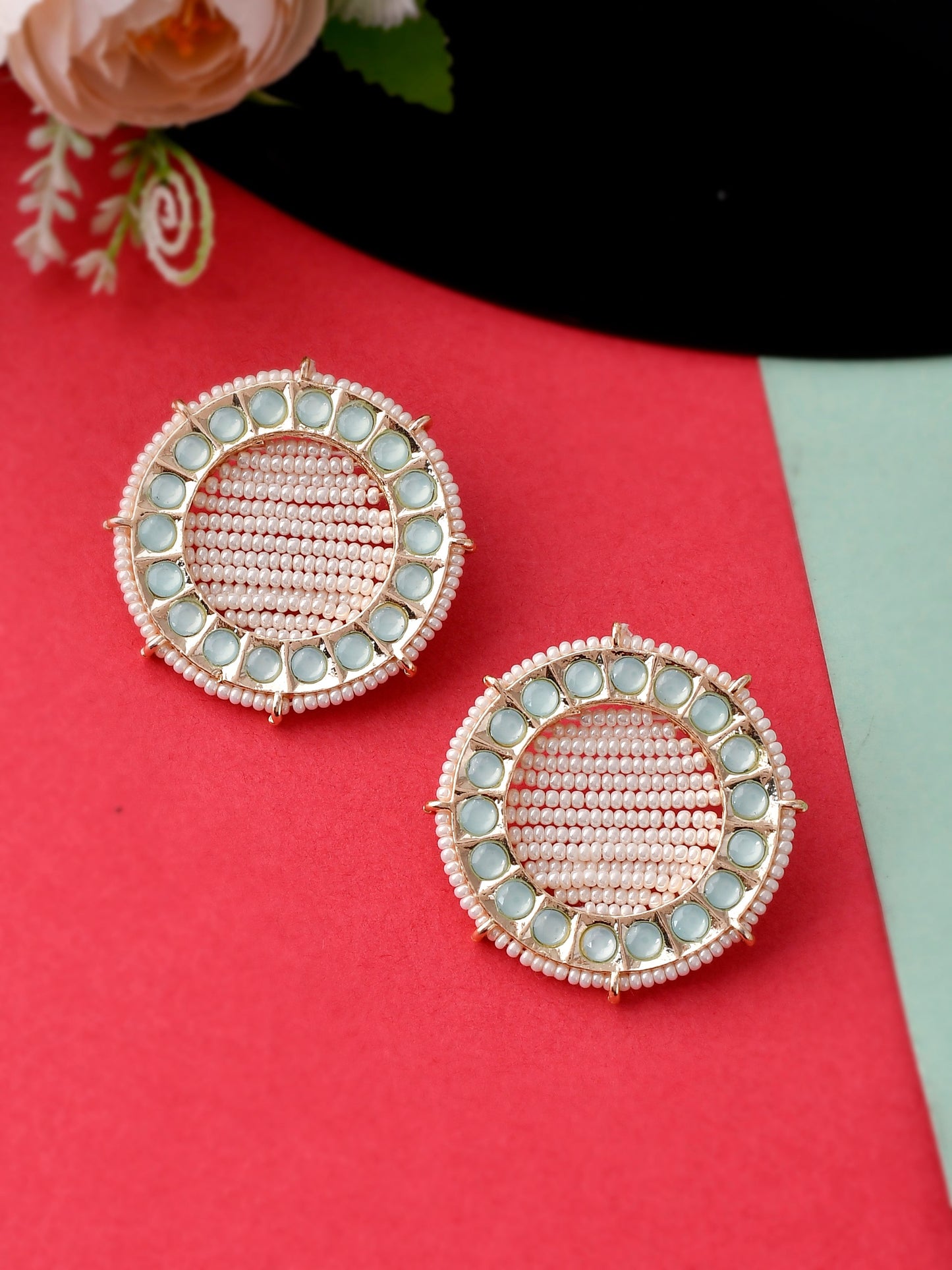 Gold Plated Green & Pearl Beaded Handcrafted Stud Earrings