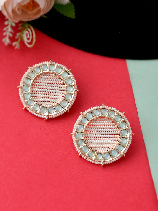 Gold Plated Green & Pearl Beaded Handcrafted Stud Earrings
