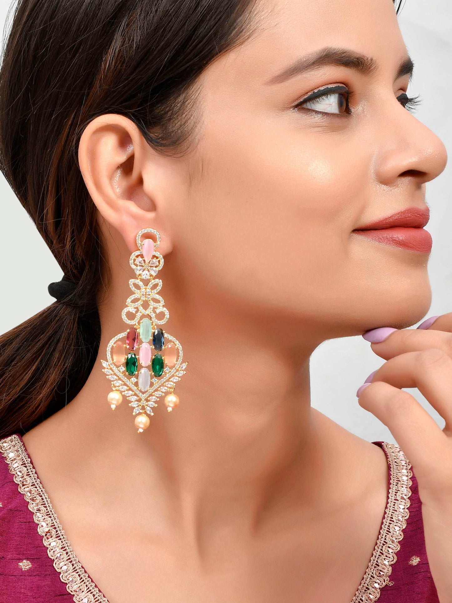 Gold Plated AD stone studded beaded Earrings