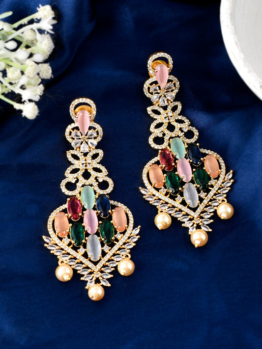 Gold Plated AD stone studded beaded Earrings