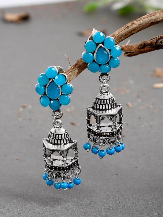 Blue Oxidized Silver Plated Stylish Jhumka Earrings