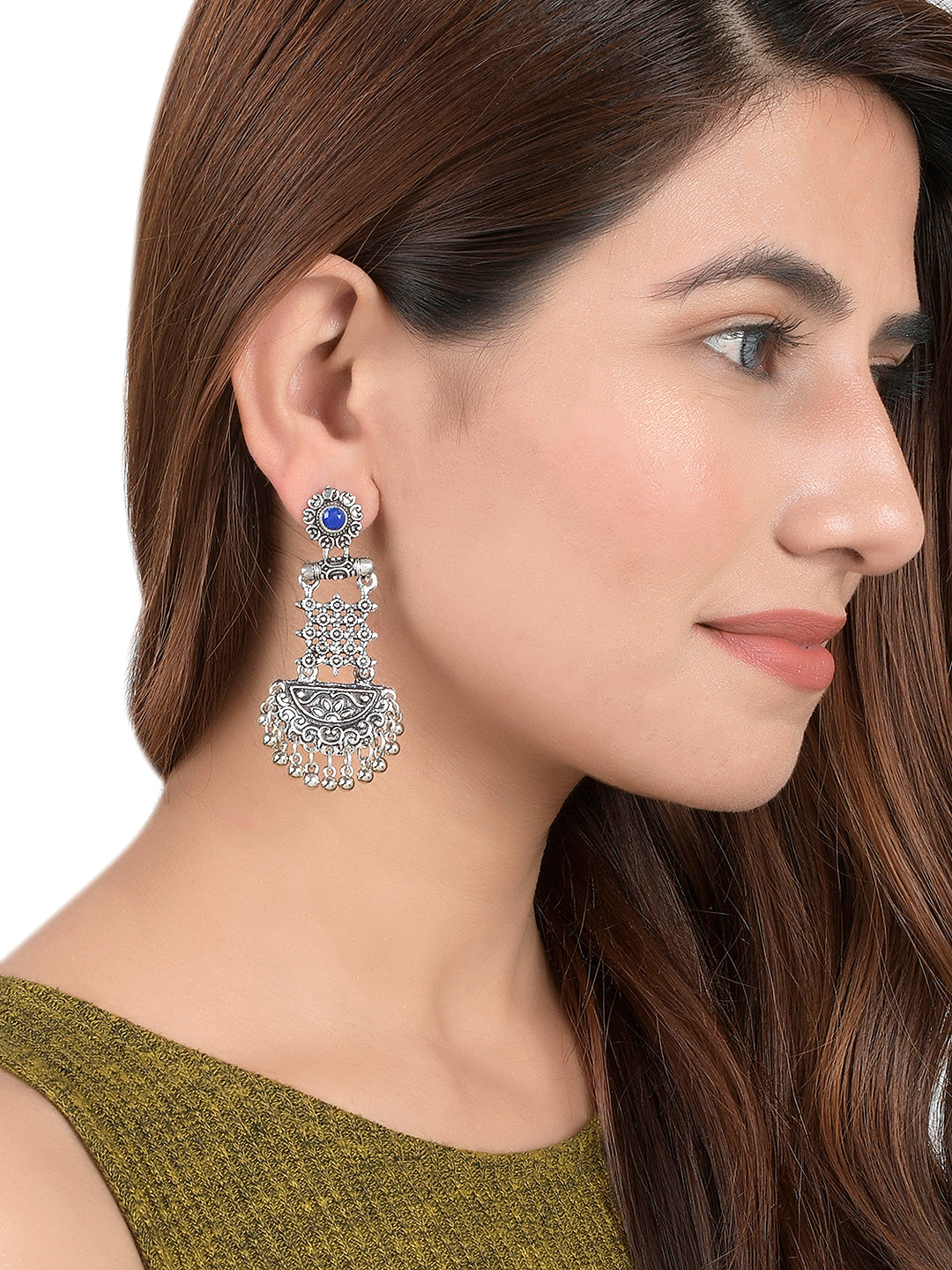 Silver Tone Oxidized Blue Contemporary Drop Earring