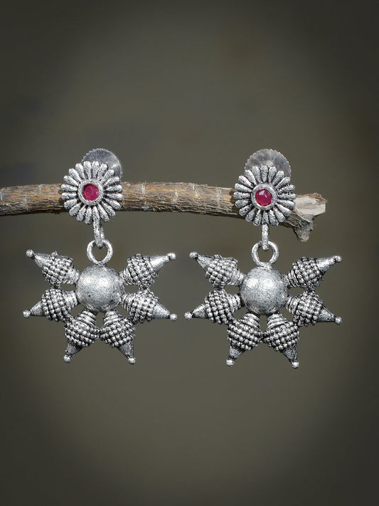 Floral Oxidised Silver Plated Trendy Pink Stone Drop Earring