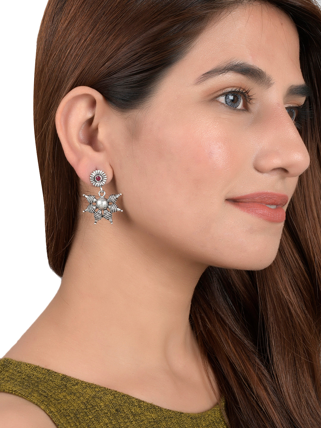 Floral Oxidised Silver Plated Trendy Pink Stone Drop Earring