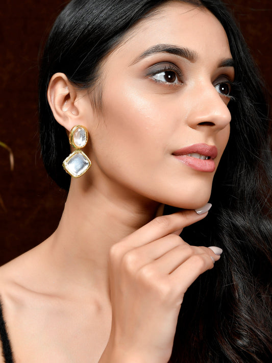Gold Plated & White Kundan Jadau Drop Earrings