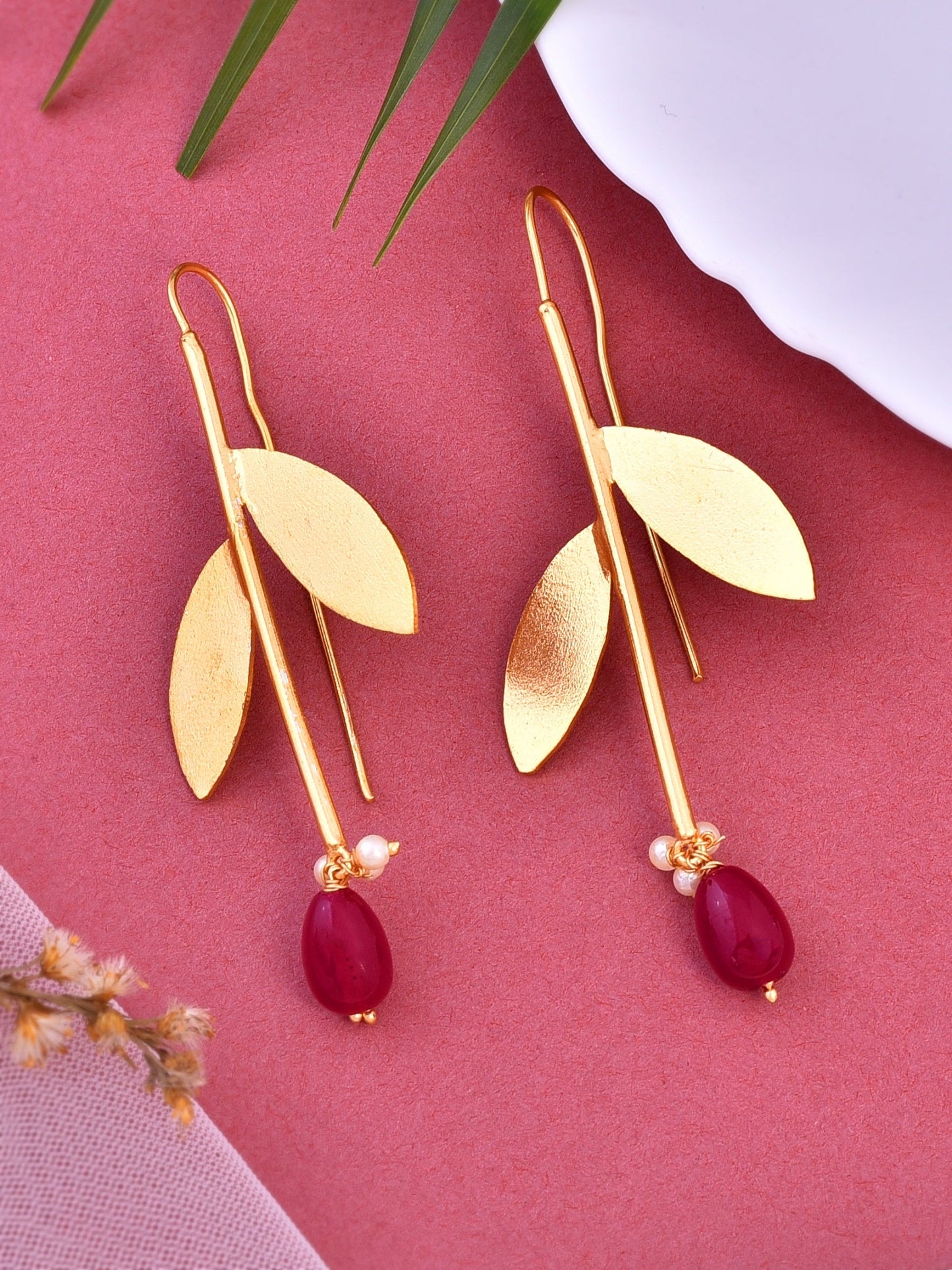 Gold Plated Leaf Long Dangler earrings for women