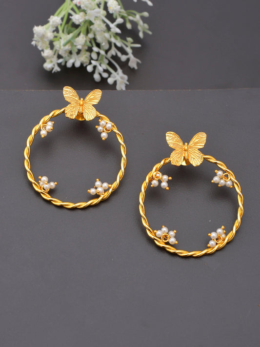 Gold plated Butterfly Round contemporary Pearl Earrings for western outfit