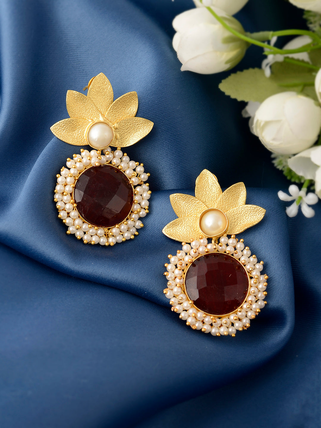 Gold Plated Ethnic Round Leaf Drop Earrings